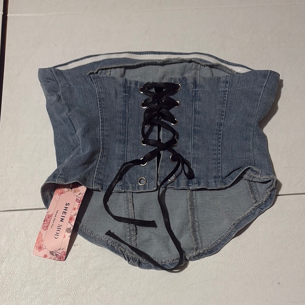 SHEIN Blue Denim Lace-Up Corset